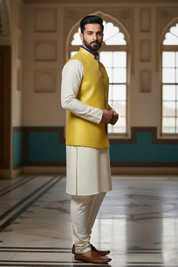 Bright_Yellow_And_Blue_Premium_Pattern_Poly_Silk_Nehru_Jacket_Kurta_Pajama_Set_For_Men