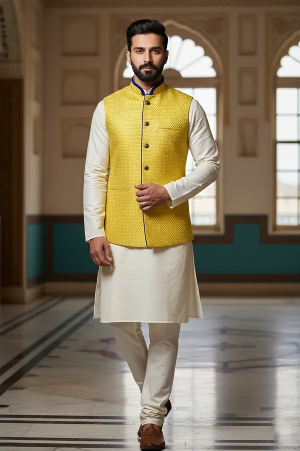 Bright_Yellow_And_Blue_Premium_Pattern_Poly_Silk_Nehru_Jacket_Kurta_Pajama_Set_For_Men
