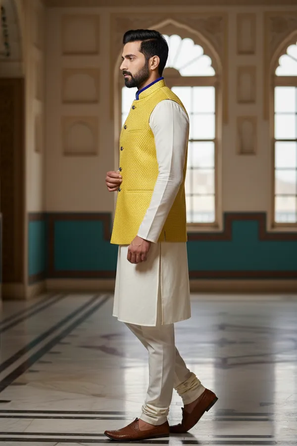 Bright_Yellow_And_Blue_Premium_Pattern_Poly_Silk_Nehru_Jacket_Kurta_Pajama_Set_For_Men
