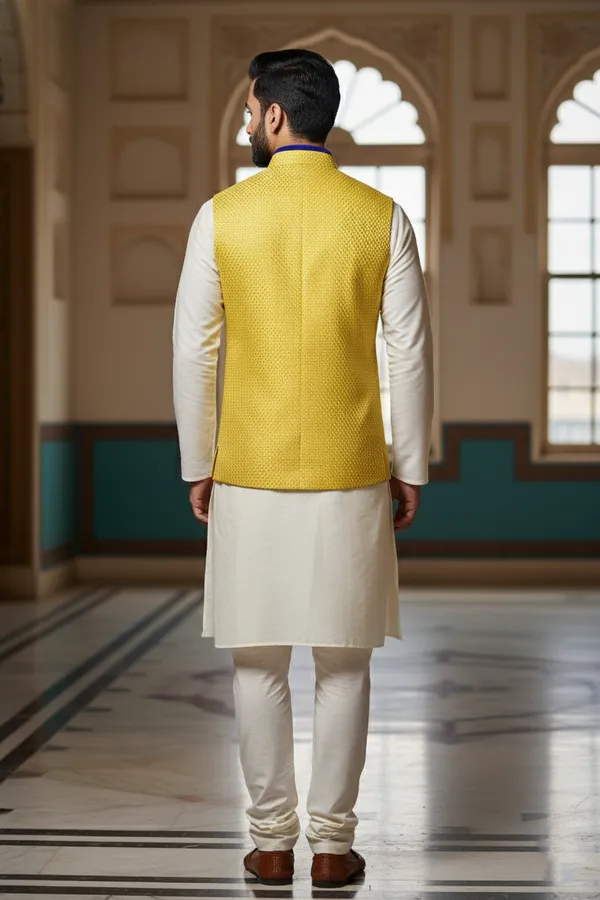 Bright_Yellow_And_Blue_Premium_Pattern_Poly_Silk_Nehru_Jacket_Kurta_Pajama_Set_For_Men