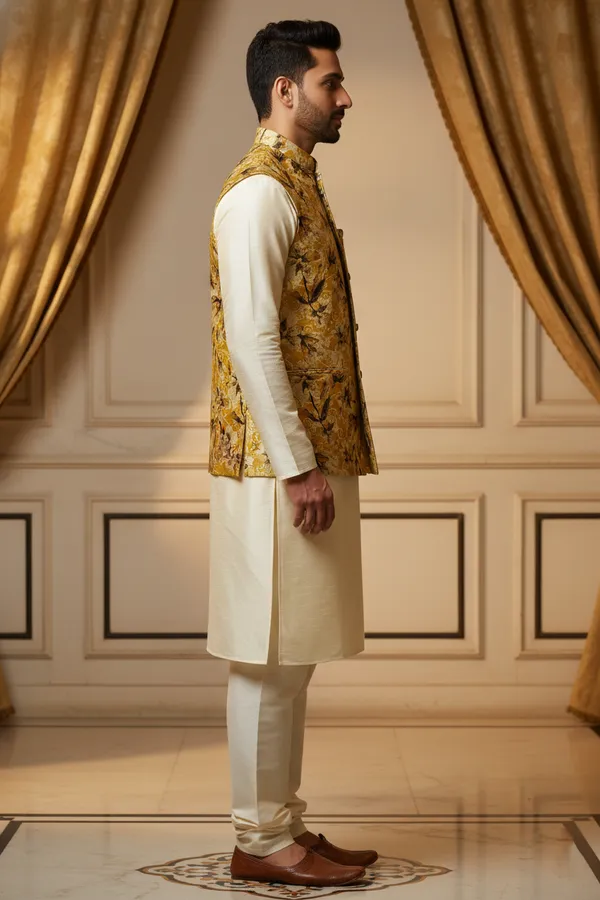 Ochre_Premium_Pattern_Poly_Silk_Nehru_Jacket_Kurta_Pajama_Set_For_Men