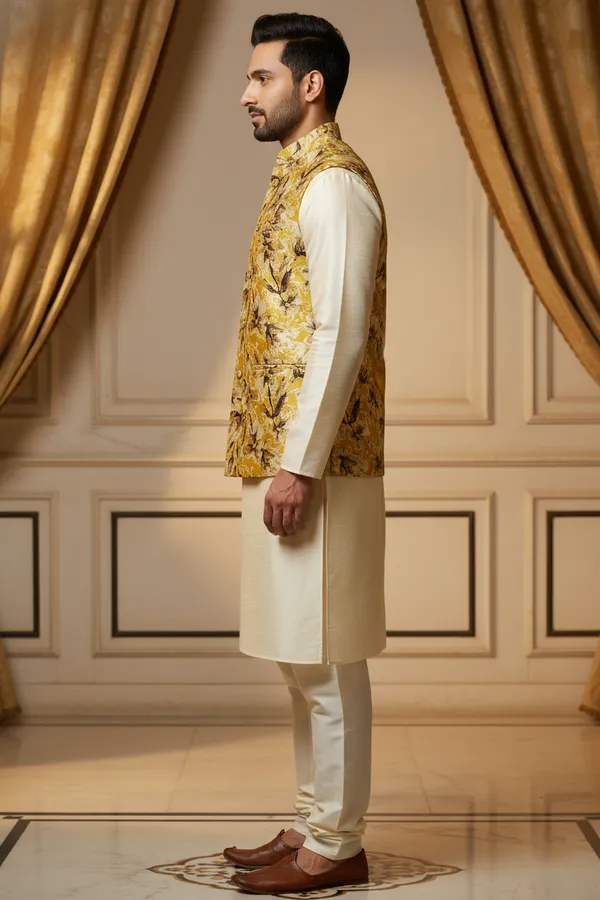 Ochre_Premium_Pattern_Poly_Silk_Nehru_Jacket_Kurta_Pajama_Set_For_Men