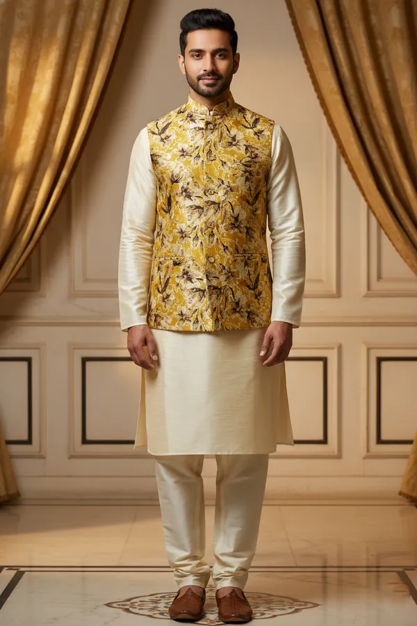 Ochre_Premium_Pattern_Poly_Silk_Nehru_Jacket_Kurta_Pajama_Set_For_Men