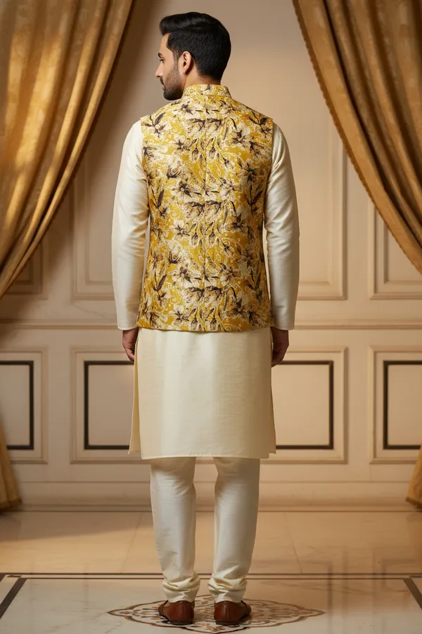 Ochre_Premium_Pattern_Poly_Silk_Nehru_Jacket_Kurta_Pajama_Set_For_Men