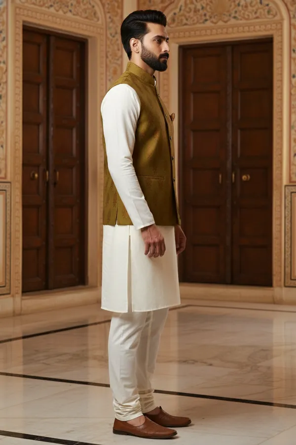 Olive_Green_Premium_Pattern_Poly_Silk_Nehru_Jacket_Kurta_Pajama_Set_For_Men