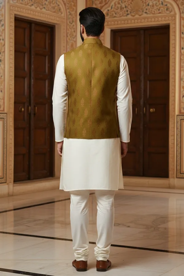 Olive_Green_Premium_Pattern_Poly_Silk_Nehru_Jacket_Kurta_Pajama_Set_For_Men