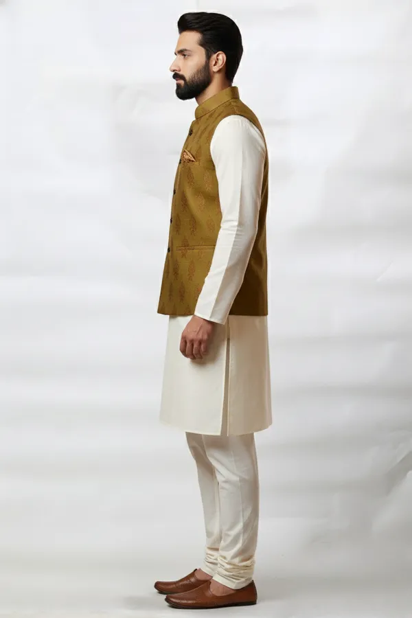 Olive_Green_Premium_Pattern_Poly_Silk_Nehru_Jacket_Kurta_Pajama_Set_For_Men