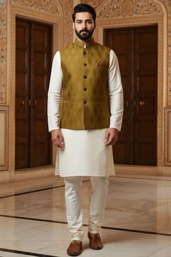 Olive_Green_Premium_Pattern_Poly_Silk_Nehru_Jacket_Kurta_Pajama_Set_For_Men