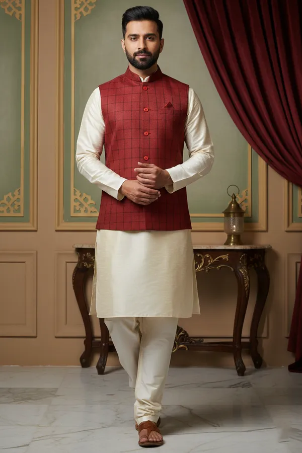 Red_Premium_Pattern_Poly_Silk_Nehru_Jacket_Kurta_Pajama_Set_For_Men