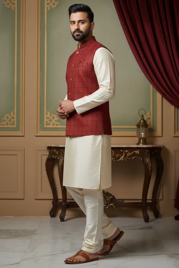 Red_Premium_Pattern_Poly_Silk_Nehru_Jacket_Kurta_Pajama_Set_For_Men