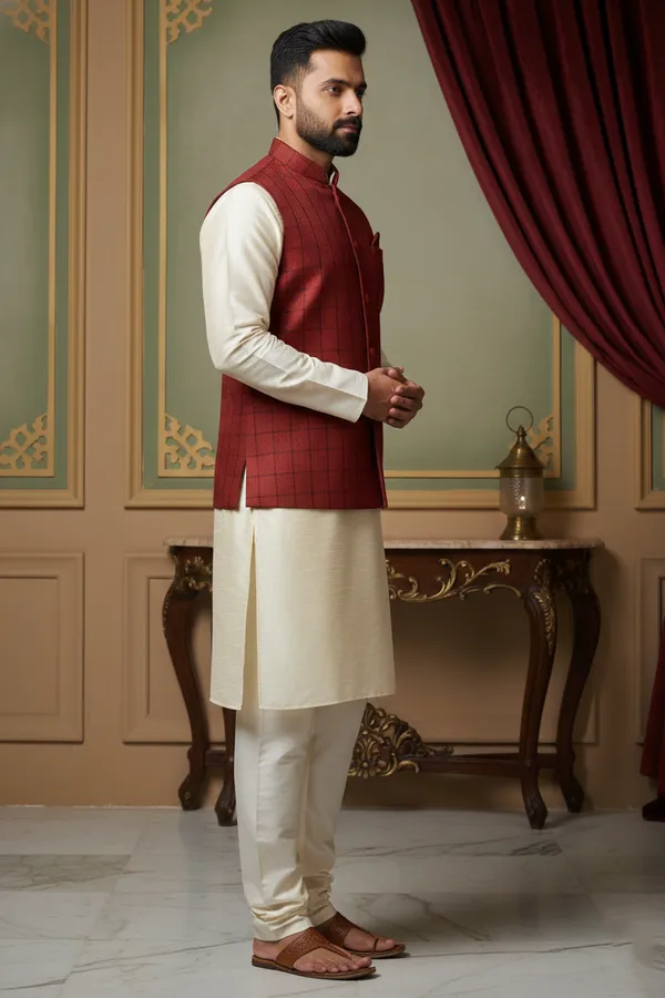 Red_Premium_Pattern_Poly_Silk_Nehru_Jacket_Kurta_Pajama_Set_For_Men