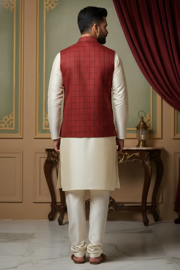 Red_Premium_Pattern_Poly_Silk_Nehru_Jacket_Kurta_Pajama_Set_For_Men