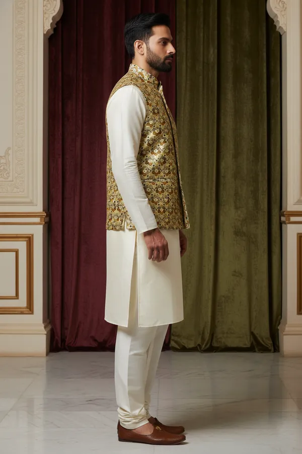 Gold_Premium_Pattern_Silk_Blend_Nehru_Jacket_Kurta_Pajama_Set_For_Men