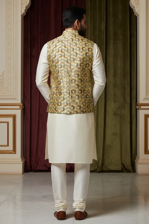 Gold_Premium_Pattern_Silk_Blend_Nehru_Jacket_Kurta_Pajama_Set_For_Men