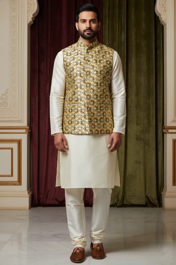 Gold_Premium_Pattern_Silk_Blend_Nehru_Jacket_Kurta_Pajama_Set_For_Men