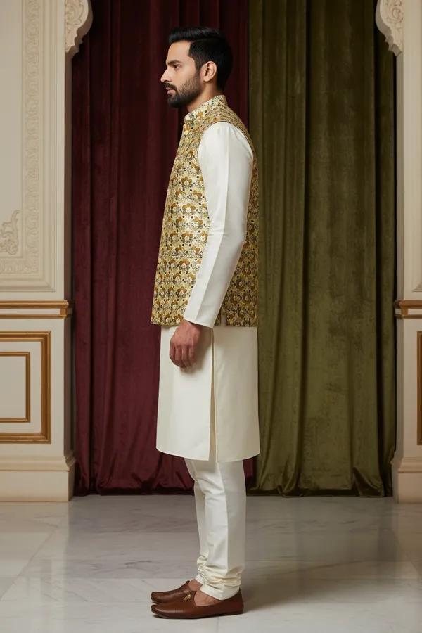 Gold_Premium_Pattern_Silk_Blend_Nehru_Jacket_Kurta_Pajama_Set_For_Men