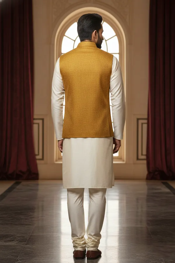 Yellow_Premium_Pattern_Poly_Silk_Nehru_Jacket_Kurta_Pajama_Set_For_Men