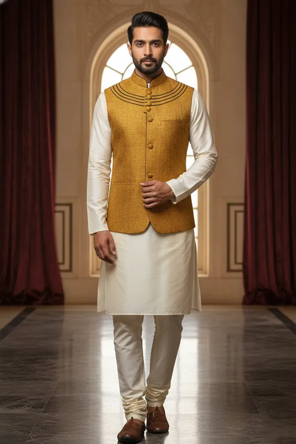 Yellow_Premium_Pattern_Poly_Silk_Nehru_Jacket_Kurta_Pajama_Set_For_Men