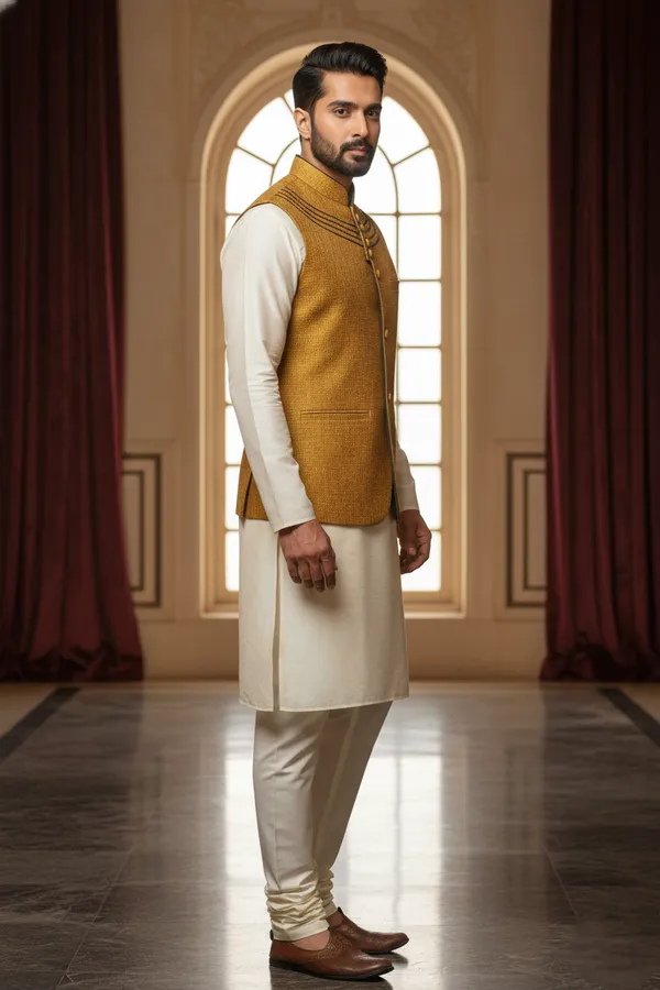 Yellow_Premium_Pattern_Poly_Silk_Nehru_Jacket_Kurta_Pajama_Set_For_Men