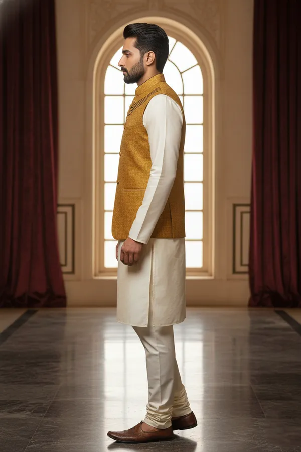 Yellow_Premium_Pattern_Poly_Silk_Nehru_Jacket_Kurta_Pajama_Set_For_Men