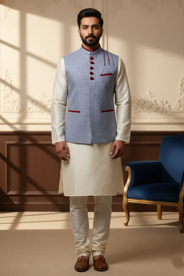 Powder_Blue_And_Maroon_Premium_Pattern_Poly_Silk_Nehru_Jacket_Kurta_Pajama_Set_For_Men