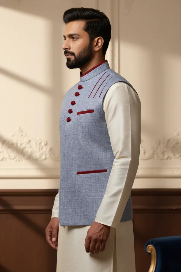 Powder_Blue_And_Maroon_Premium_Pattern_Poly_Silk_Nehru_Jacket_Kurta_Pajama_Set_For_Men