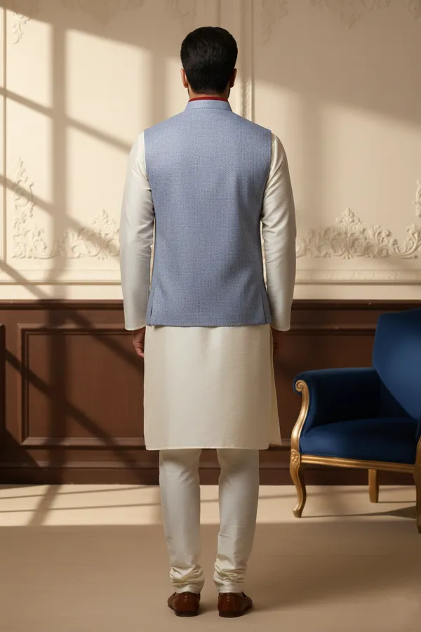 Powder_Blue_And_Maroon_Premium_Pattern_Poly_Silk_Nehru_Jacket_Kurta_Pajama_Set_For_Men