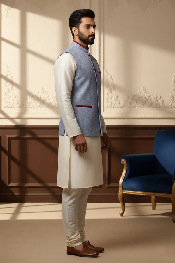 Powder_Blue_And_Maroon_Premium_Pattern_Poly_Silk_Nehru_Jacket_Kurta_Pajama_Set_For_Men