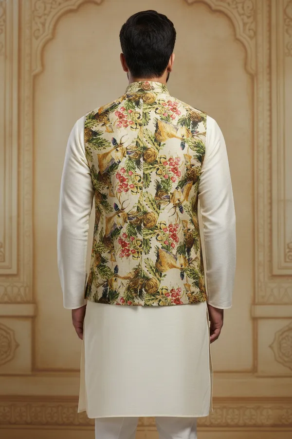 Floral_Multicolor_Premium_Pattern_Poly_Silk_Nehru_Jacket_Kurta_Pajama_Set_For_Men