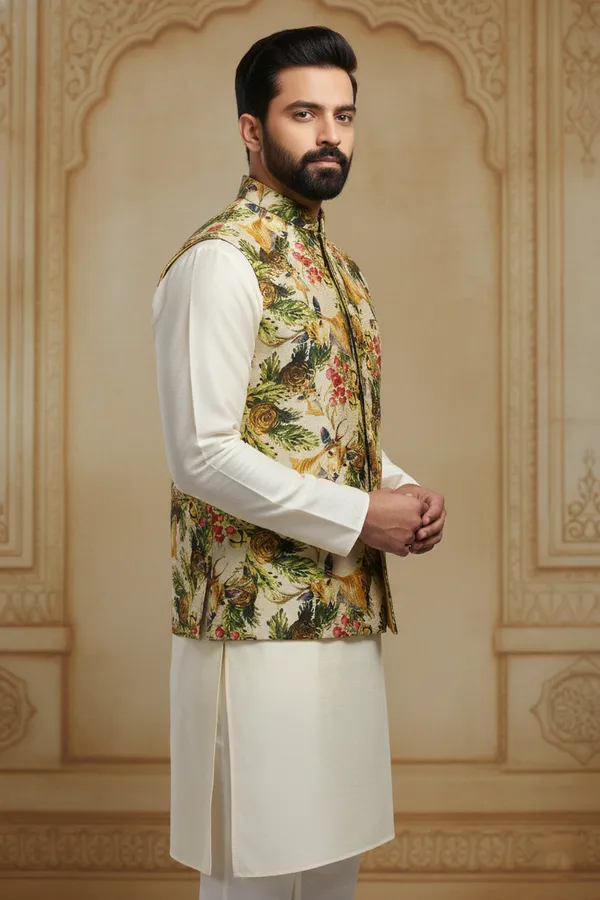 Floral_Multicolor_Premium_Pattern_Poly_Silk_Nehru_Jacket_Kurta_Pajama_Set_For_Men