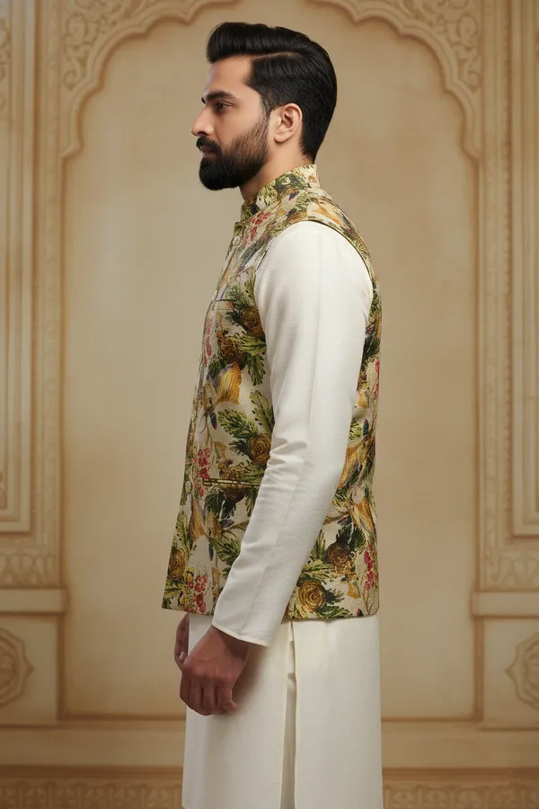 Floral_Multicolor_Premium_Pattern_Poly_Silk_Nehru_Jacket_Kurta_Pajama_Set_For_Men