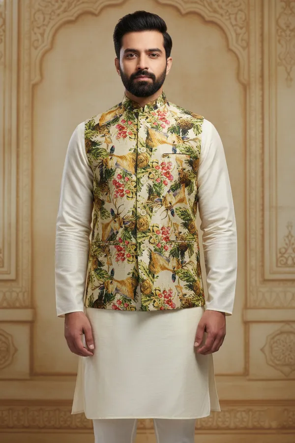 Floral_Multicolor_Premium_Pattern_Poly_Silk_Nehru_Jacket_Kurta_Pajama_Set_For_Men