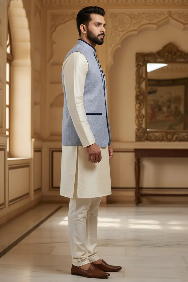 Powder_Blue_Premium_Pattern_Poly_Silk_Nehru_Jacket_Kurta_Pajama_Set_For_Men