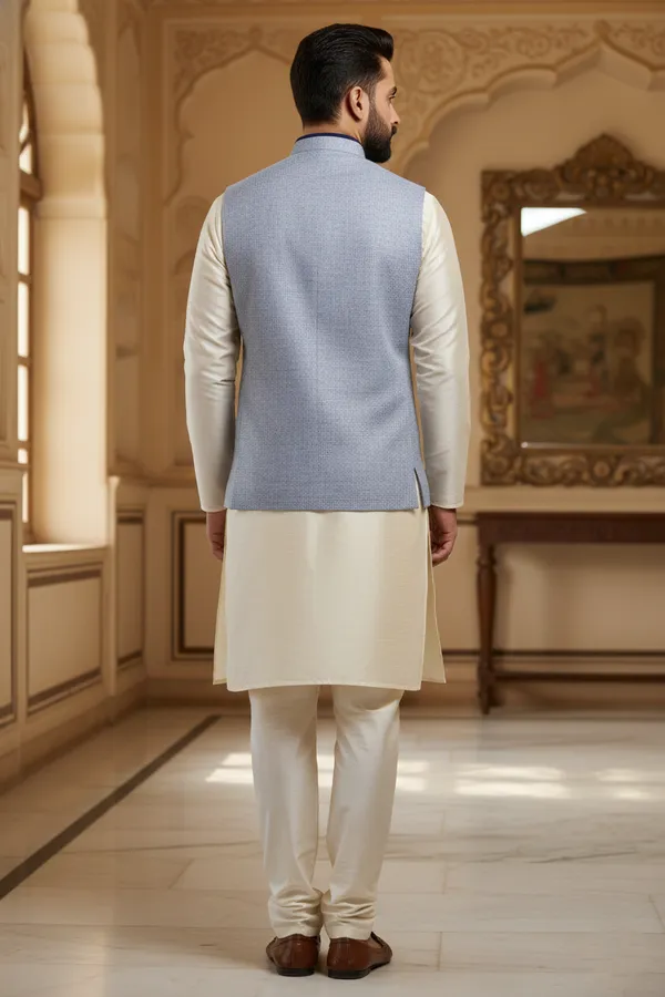 Powder_Blue_Premium_Pattern_Poly_Silk_Nehru_Jacket_Kurta_Pajama_Set_For_Men