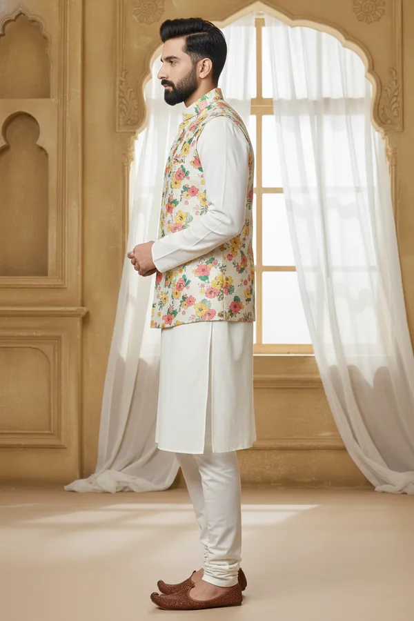 Tropical_Multicolor_Premium_Pattern_Silk_Blend_Nehru_Jacket_Kurta_Pajama_Set_For_Men