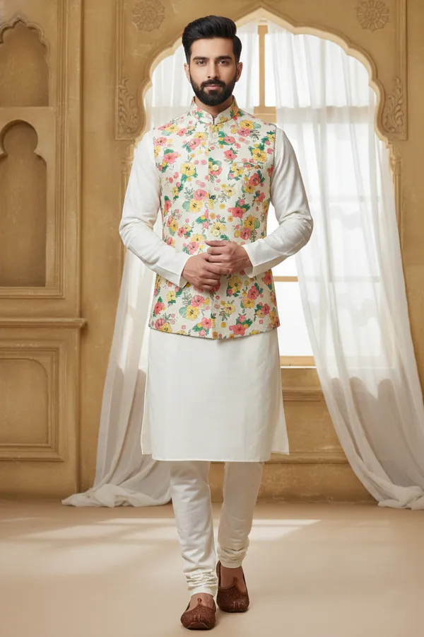 Tropical_Multicolor_Premium_Pattern_Silk_Blend_Nehru_Jacket_Kurta_Pajama_Set_For_Men