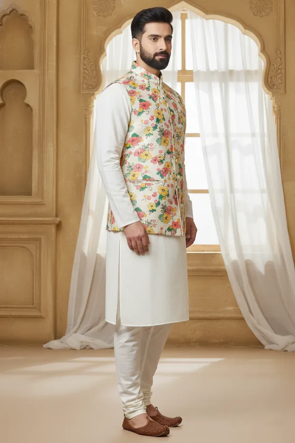 Tropical_Multicolor_Premium_Pattern_Silk_Blend_Nehru_Jacket_Kurta_Pajama_Set_For_Men