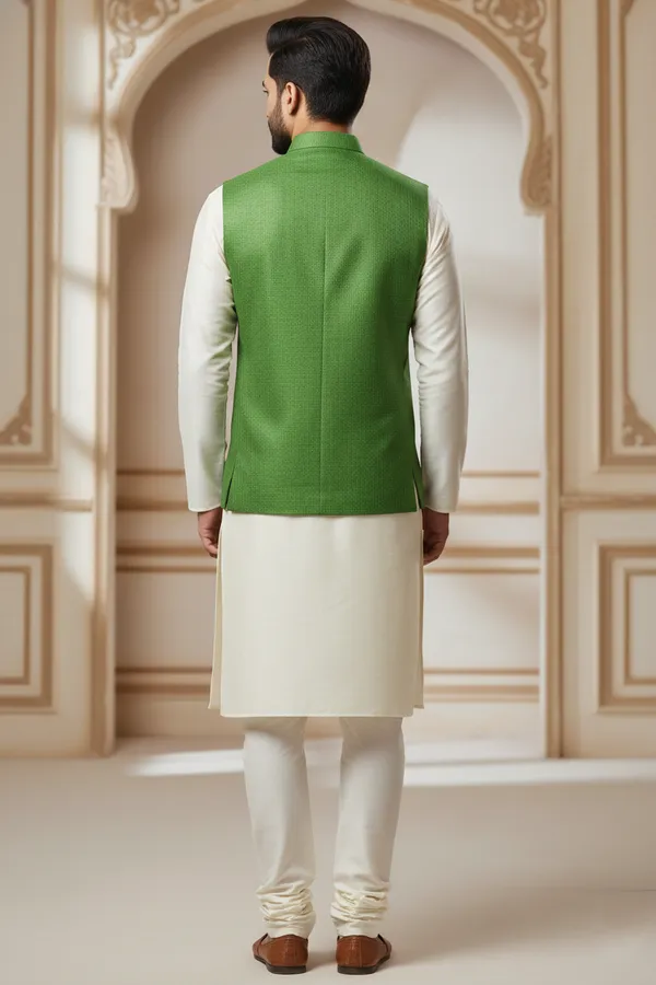 Green_And_Black_Premium_Pattern_Poly_Silk_Nehru_Jacket_Kurta_Pajama_Set_For_Men