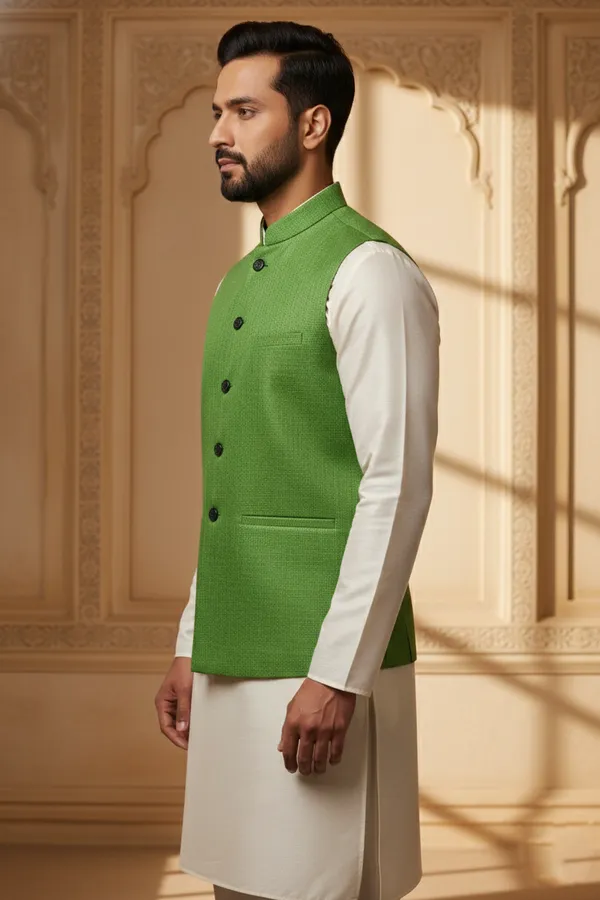 Green_And_Black_Premium_Pattern_Poly_Silk_Nehru_Jacket_Kurta_Pajama_Set_For_Men