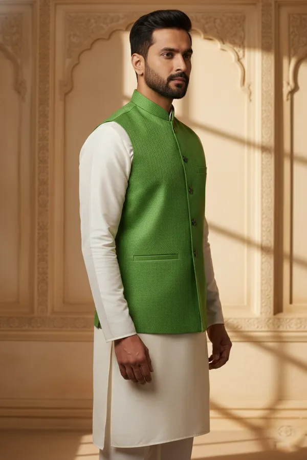 Green_And_Black_Premium_Pattern_Poly_Silk_Nehru_Jacket_Kurta_Pajama_Set_For_Men