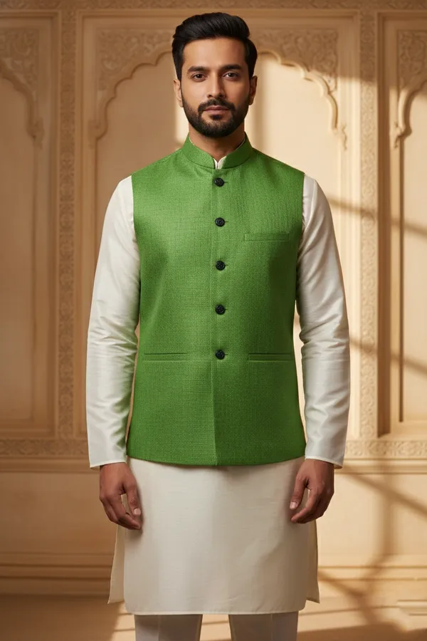 Green_And_Black_Premium_Pattern_Poly_Silk_Nehru_Jacket_Kurta_Pajama_Set_For_Men