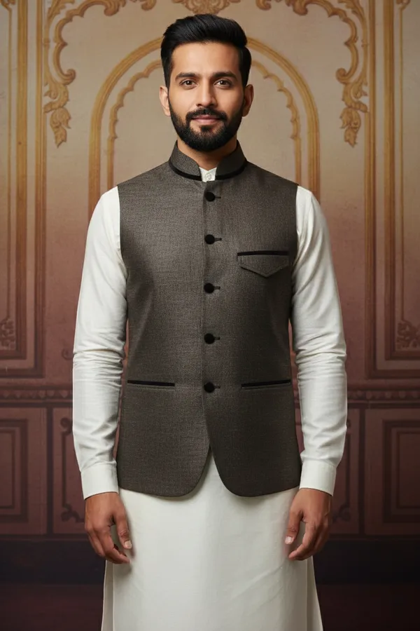Dark_Brown_Premium_Pattern_Poly_Silk_Nehru_Jacket_Kurta_Pajama_Set_For_Men