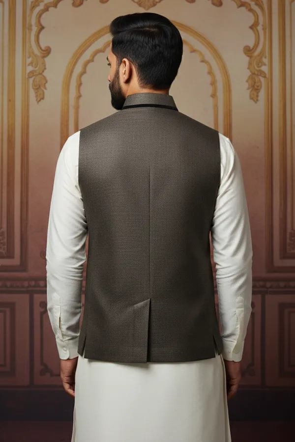 Dark_Brown_Premium_Pattern_Poly_Silk_Nehru_Jacket_Kurta_Pajama_Set_For_Men