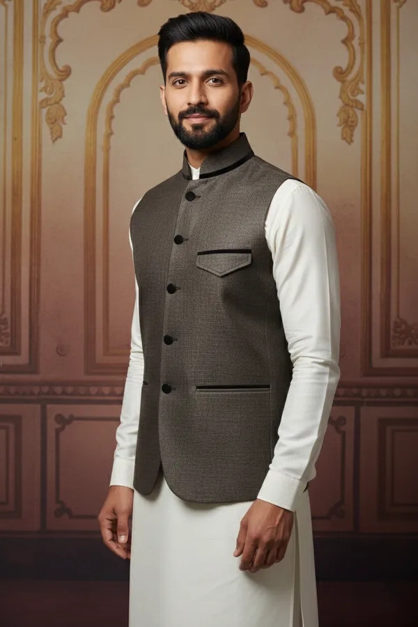 Dark_Brown_Premium_Pattern_Poly_Silk_Nehru_Jacket_Kurta_Pajama_Set_For_Men