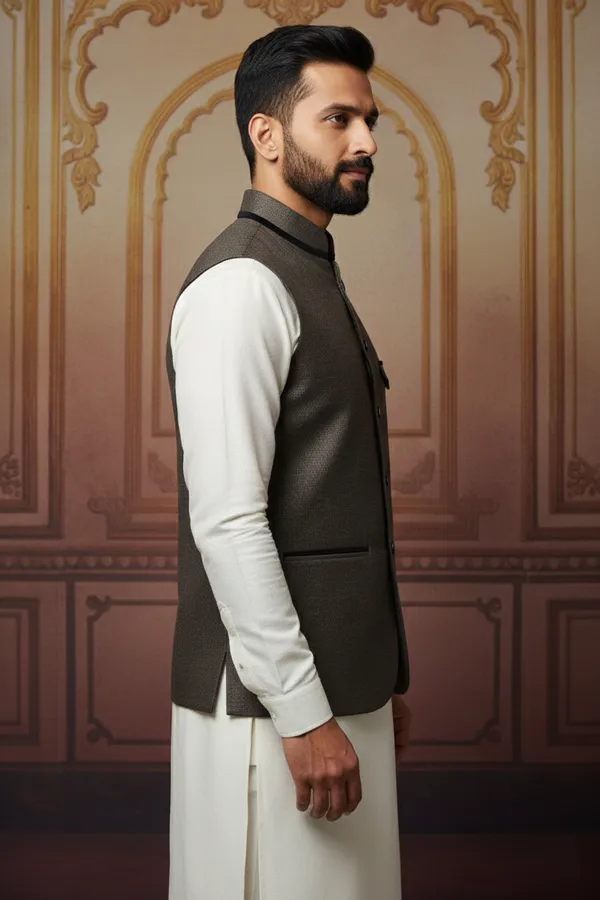 Dark_Brown_Premium_Pattern_Poly_Silk_Nehru_Jacket_Kurta_Pajama_Set_For_Men