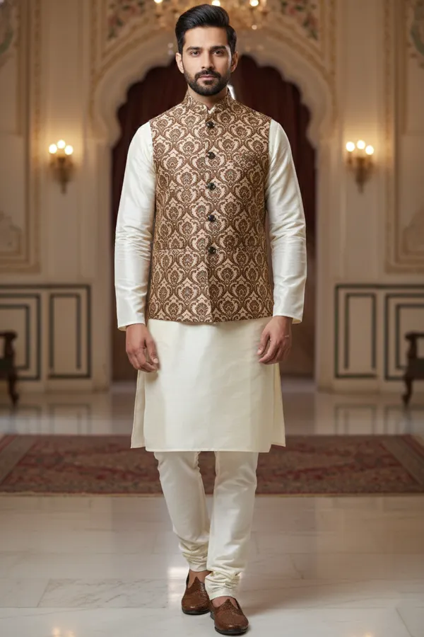 Beige_Premium_Pattern_Poly_Silk_Nehru_Jacket_Kurta_Pajama_Set_For_Men