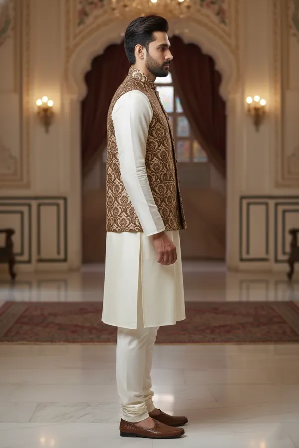 Beige_Premium_Pattern_Poly_Silk_Nehru_Jacket_Kurta_Pajama_Set_For_Men