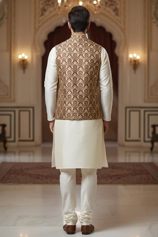 Beige_Premium_Pattern_Poly_Silk_Nehru_Jacket_Kurta_Pajama_Set_For_Men