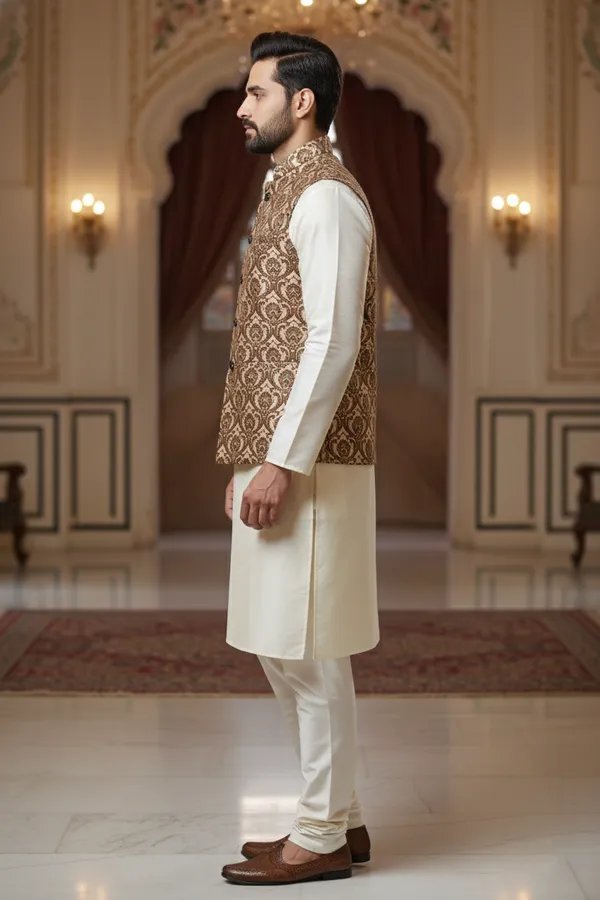 Beige_Premium_Pattern_Poly_Silk_Nehru_Jacket_Kurta_Pajama_Set_For_Men