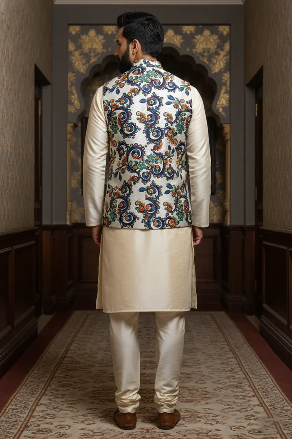 Multicolor_Premium_Pattern_Poly_Silk_Nehru_Jacket_Kurta_Pajama_Set_For_Men